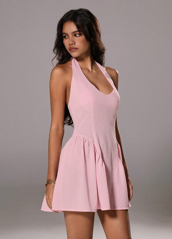 Светло-розовое кэжуал платье с открытой спиной SHEIN однотонное