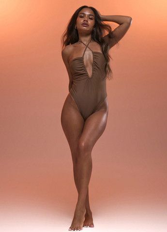 Коричневый демисезонный купальник слитный, халтер SHEIN