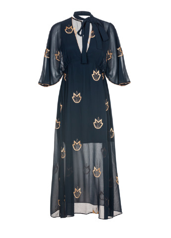 Синее праздничный шифоновое миди платье с вышивкой а-силуэт Stevie May с цветочным принтом