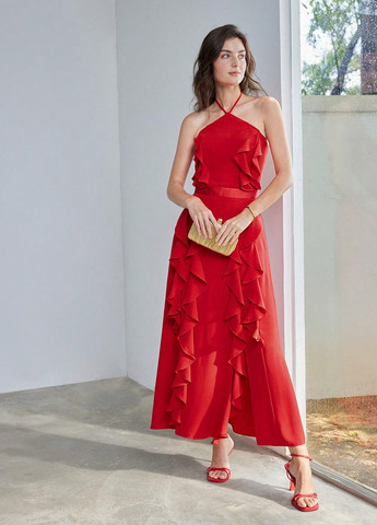 Червона вечірня, кежуал сукня SHEIN однотонна