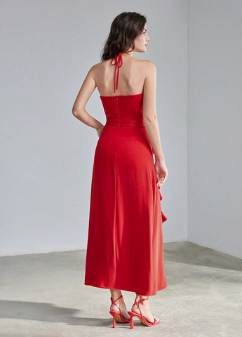 Червона вечірня, кежуал сукня SHEIN однотонна