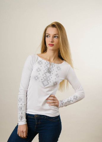 Белая женская вышитая футболка с длинным рукавом нежный карпатский орнамент Melanika узор геометрический приталенная хлопок органический (250206160)
