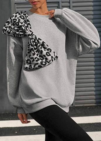 Сірий світшот SHEIN леопардовий складки, аплікація, бант (367004304)