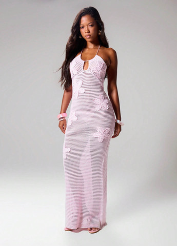 Светло-розовое вечернее, кэжуал платье с открытой спиной SHEIN однотонное