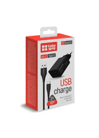 Зарядное устройство (CW-CHS012CC-BK) Colorway 1USB AUTO ID 2A (10W) black + cable Type C (253507168)