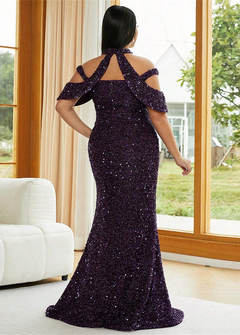 Темно-фіолетова вечірня сукня годе, з відкритими плечима SHEIN однотонна