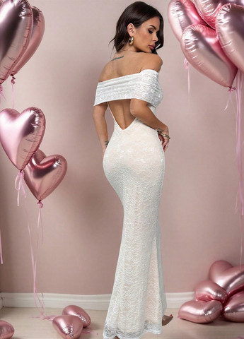 Кремова вечірня, святковий сукня годе, з відкритими плечима, з відкритою спиною SHEIN однотонна