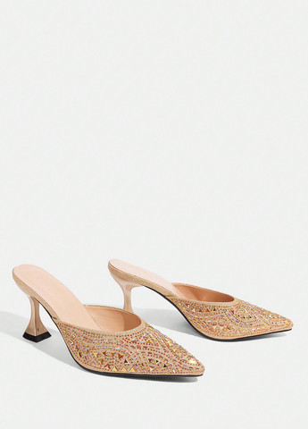 Золотые туфли SHEIN со стразами, с глиттером, с заклепками на среднем каблуке