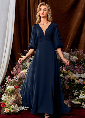 Темно-синее праздничный, вечернее платье в стиле ампир SHEIN однотонное