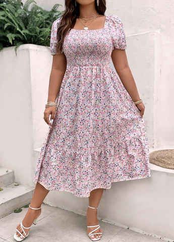 Рожево-лілова кежуал сукня з спідницею-сонце, в стилі армпір SHEIN з квітковим принтом