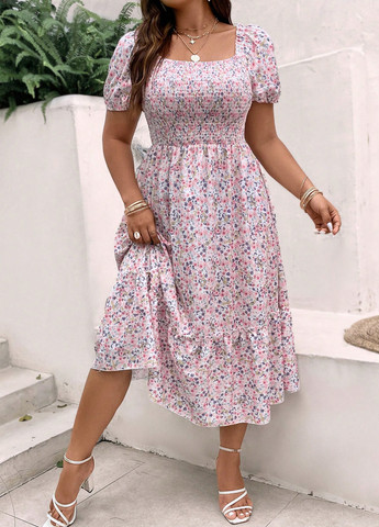 Рожево-лілова кежуал сукня з спідницею-сонце, в стилі армпір SHEIN з квітковим принтом