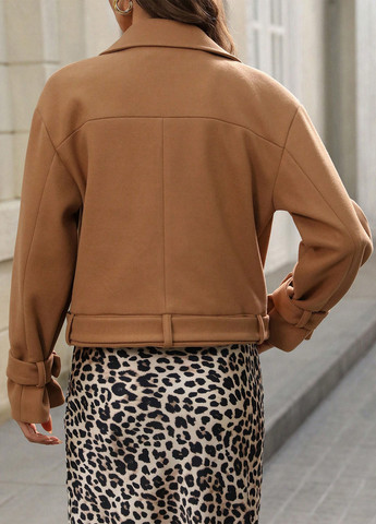 Светло-коричневое Кэжуал полупальто двубортное SHEIN однотонное