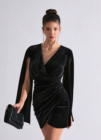 Черное вечернее, праздничный платье на запах, силуэтная SHEIN однотонное