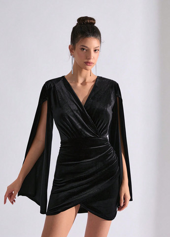 Черное вечернее, праздничный платье на запах, силуэтная SHEIN однотонное