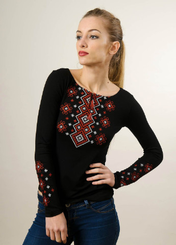 Женская вышитая футболка с длинным рукавом Карпатский орнамент красная вышивка Melanika (250206177)