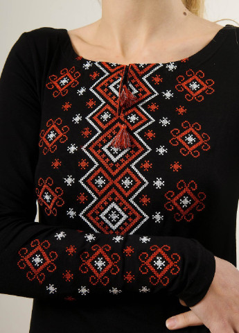 Жіноча вишита футболка з довгим рукавом Карпатський орнамент червона вишивка Melanika (250206177)