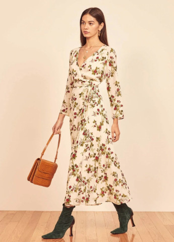 Бежева кежуал плаття жіночe максі beautiful rose Berni Fashion з квітковим принтом