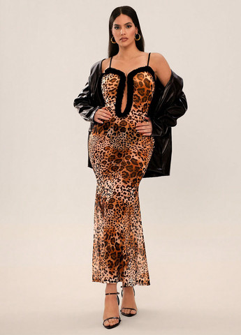 Коричнева вечірня сукня годе, з відкритою спиною SHEIN леопардовий