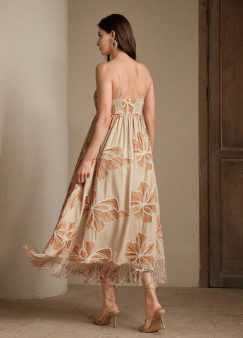 Бежева вечірня, кежуал сукня з спідницею-сонце, в стилі армпір, з відкритою спиною SHEIN з квітковим принтом