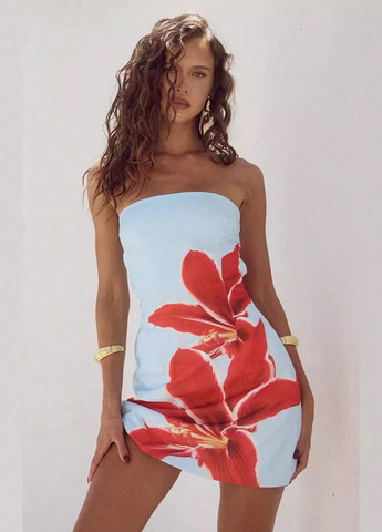 Світло-блакитна коктейльна, пляжна, кежуал сукня а-силует SHEIN з квітковим принтом