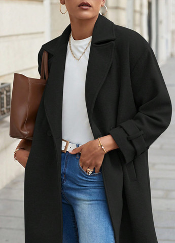 Темно-серое демисезонное Пальто двубортное SHEIN