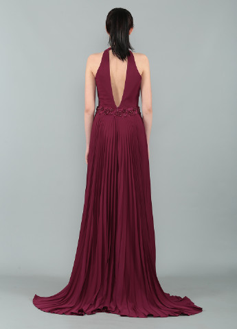 Бордовое вечернее платье с открытой спиной, клеш, плиссированное Rengin однотонное