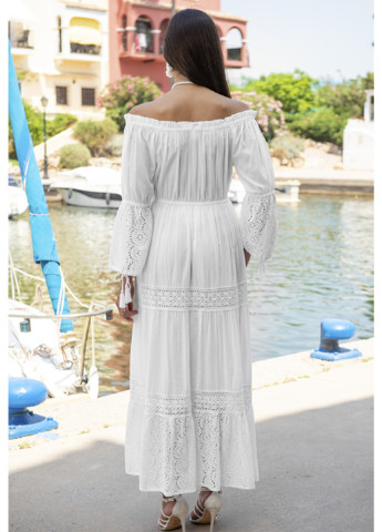 Белое кэжуал платье с открытыми плечами, клеш Fresh cotton однотонное