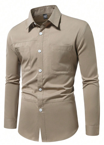 Оливковковая (хаки) классическая рубашка однотонная SHEIN