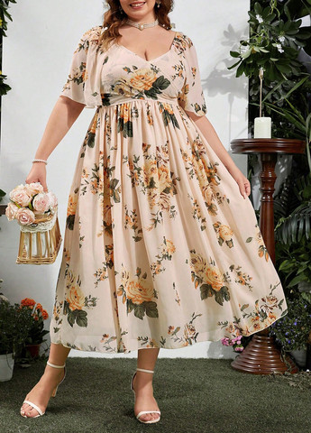 Персиковое праздничный, кэжуал платье клеш, а-силуэт, с открытой спиной SHEIN с цветочным принтом