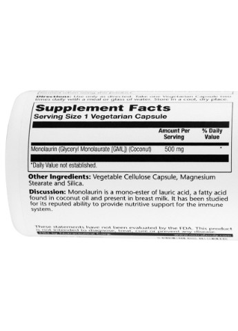 Монолаурін, Monolaurin,, 500 мг, 60 вегетаріанських капсул Solaray (228293318)
