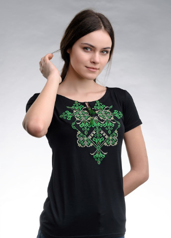Жіноча вишита футболка Елегія чорна з зеленим Melanika (250206186)