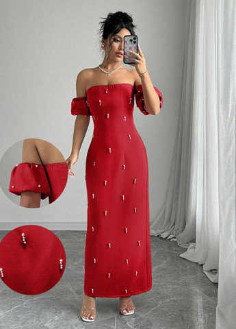 Красное вечернее платье с открытыми плечами SHEIN однотонное