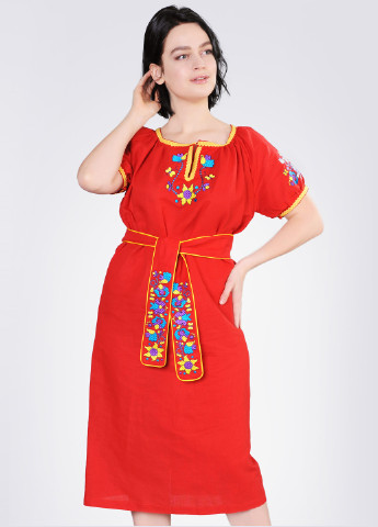 Платье вышиванка с кружевом Egostyle цветочная красная лен
