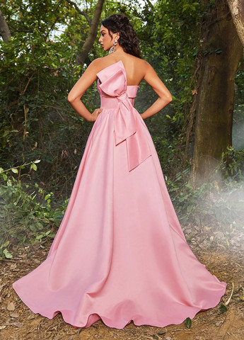 Світло-рожева святковий, вечірня сукня кльош, зі шлейфом SHEIN однотонна