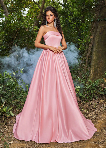 Світло-рожева святковий, вечірня сукня кльош, зі шлейфом SHEIN однотонна