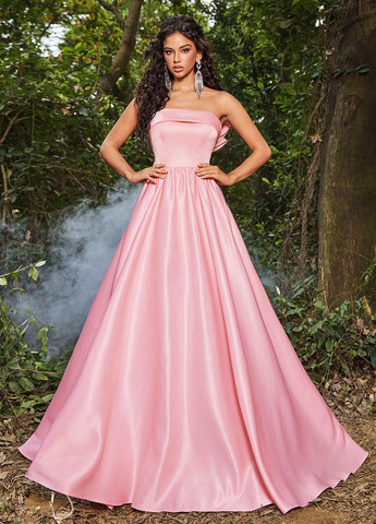 Світло-рожева святковий, вечірня сукня кльош, зі шлейфом SHEIN однотонна