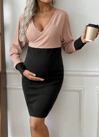 Черное деловое, праздничный, кэжуал платье для беременных футляр, на запах SHEIN колор блок