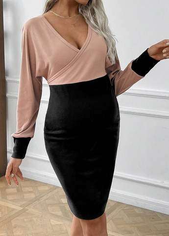 Черное деловое, праздничный, кэжуал платье для беременных футляр, на запах SHEIN колор блок