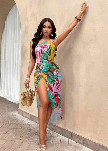 Комбинированное кэжуал платье на одно плечо, на запах SHEIN с цветочным принтом