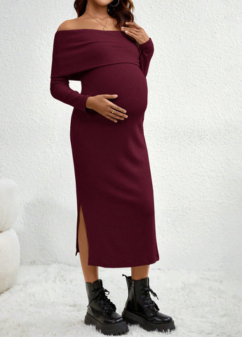 Бордовое коктейльное, кэжуал платье для беременных с открытыми плечами SHEIN однотонное
