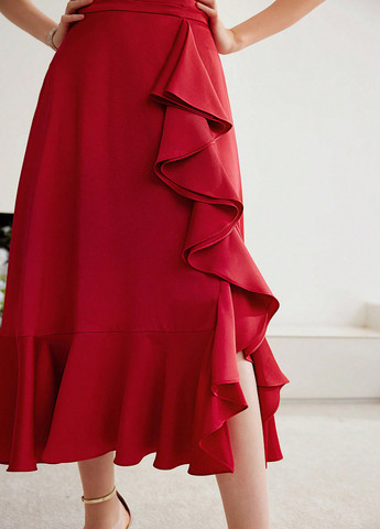 Красная кэжуал однотонная юбка SHEIN клешированная