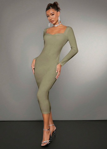 Оливковое кэжуал платье силуэтная SHEIN однотонное