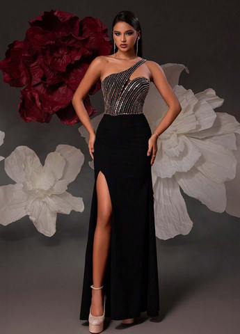 Черное вечернее платье на одно плечо SHEIN однотонное