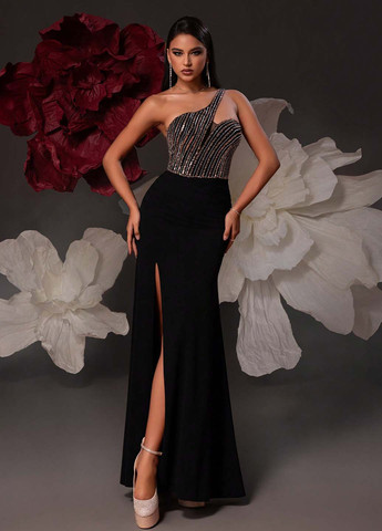 Черное вечернее платье на одно плечо SHEIN однотонное