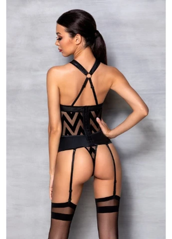 Сетчатый комплект с узором: корсет с халтером, подвязки, трусики Hima Corset black L/XL - Passion (255457845)