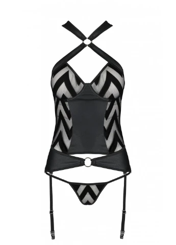 Сетчатый комплект с узором: корсет с халтером, подвязки, трусики Hima Corset black L/XL - Passion (255457845)