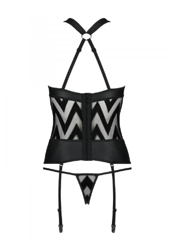 Сетчатый комплект с узором: корсет с халтером, подвязки, трусики Hima Corset black L/XL - Passion (255457845)