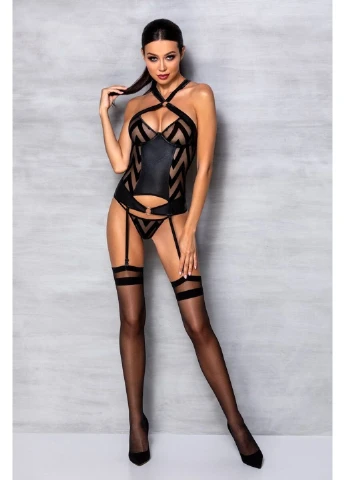 Сетчатый комплект с узором: корсет с халтером, подвязки, трусики Hima Corset black L/XL - Passion (255457845)