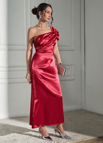 Красное вечернее, кэжуал платье на одно плечо SHEIN однотонное