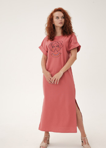Коралловое кэжуал простое льняное платье с дизайнерской вышивкой "африканка" INNOE однотонное